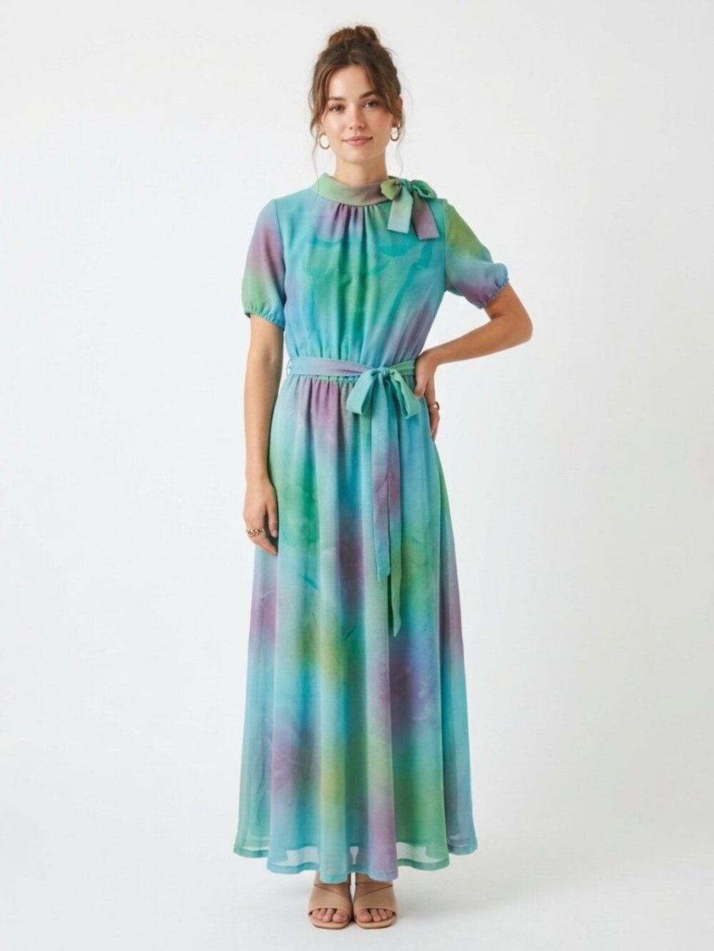 Vintage 70s Watercolor Maxi Dress Mock Neck Bow Tie Teal Green Purple | Size M